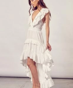 DO + BE COLLECTION Emily Ruffled High Low Maxi Dress - White BRIDAL