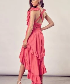 DO + BE COLLECTION Emily Ruffled High Low Maxi Dress - Coral BRIDAL