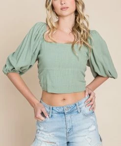 HEY SON TOPS Tanya Reversible Linen Tie Crop Top- Green Tea 18 HEY SON TOPS Tanya Reversible Linen Tie Crop Top- Green Tea