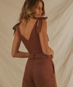 PEPPERMAYO Parisian Life Linen Bustier Crop - Chocolate Brown TOPS