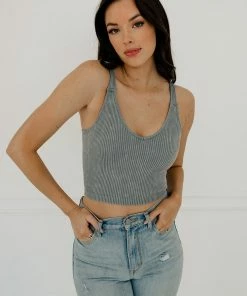 WL Carsyn Padded Ribbed Cropped Tank - Blue TOPS