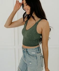 WL Carsyn Padded Ribbed Cropped Tank - Green