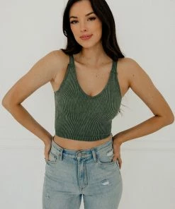 WL Carsyn Padded Ribbed Cropped Tank - Green