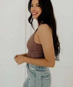 WL TOPS Carsyn Padded Ribbed Cropped Tank - Red Bean