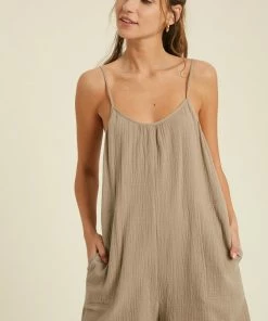 WL Keep Your Cool Pocketed Cotton Relaxed Romper - Khaki