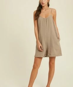 WL Keep Your Cool Pocketed Cotton Relaxed Romper - Khaki