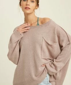 WL TOPS Bessie Distressed Pocketed Knit Sweater