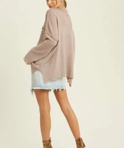 WL TOPS Bessie Distressed Pocketed Knit Sweater