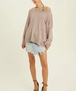 WL TOPS Bessie Distressed Pocketed Knit Sweater