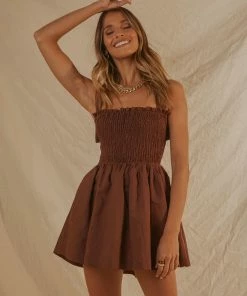 PEPPERMAYO DRESSES European Towns Linen Mini Dress - Chocolate Brown