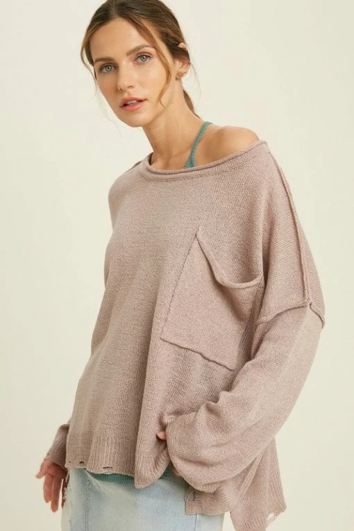 WL TOPS Bessie Distressed Pocketed Knit Sweater