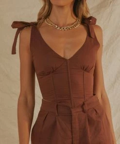 PEPPERMAYO Parisian Life Linen Bustier Crop - Chocolate Brown TOPS