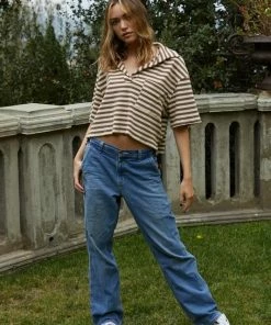 BT BEST SELLERS League Striped Collared Knit Top- Mocha