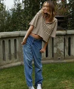 BT BEST SELLERS League Striped Collared Knit Top- Mocha