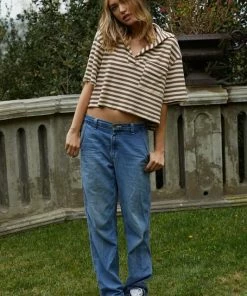 BT BEST SELLERS League Striped Collared Knit Top- Mocha