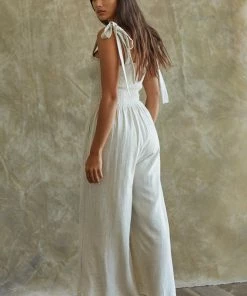 BT Sirius Pocketed Smocked Tie Linen Jumpsuit ROMPERS + JUMPSUITS