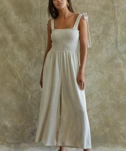 BT Sirius Pocketed Smocked Tie Linen Jumpsuit ROMPERS + JUMPSUITS