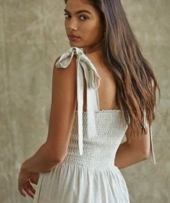 BT Sirius Pocketed Smocked Tie Linen Jumpsuit ROMPERS + JUMPSUITS