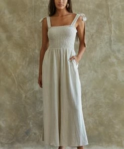 BT Sirius Pocketed Smocked Tie Linen Jumpsuit ROMPERS + JUMPSUITS