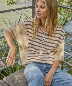 BT Bobbi Henley Striped Button Down Tee