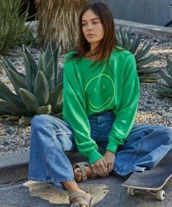 BT Happy Day Smiley Face Pullover Sweater- Green