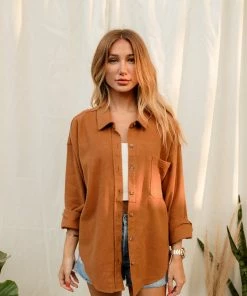 WL TOPS Debra Button Down Shacket - Camel