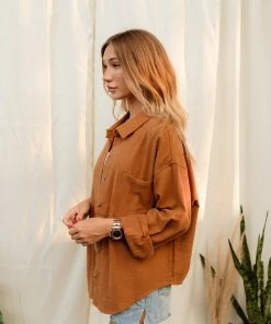 WL TOPS Debra Button Down Shacket - Camel