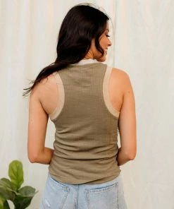 WL TOPS Kane Ribbed Color Block Racerback Tank - Olive