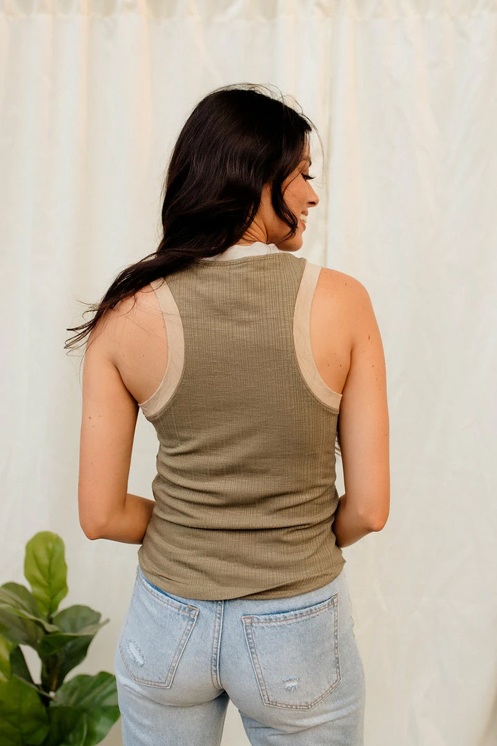 WL TOPS Kane Ribbed Color Block Racerback Tank - Olive 4 WL TOPS Kane Ribbed Color Block Racerback Tank - Olive