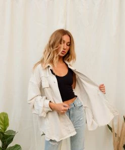 POL Blair Pocketed Button Down Shacket - Oatmeal