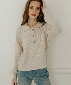 BT TOPS Dutch Knit Button Down Placket Sweater - Cream