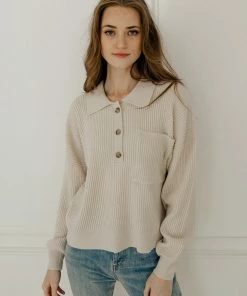BT TOPS Dutch Knit Button Down Placket Sweater - Cream