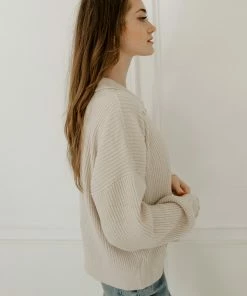 BT TOPS Dutch Knit Button Down Placket Sweater - Cream