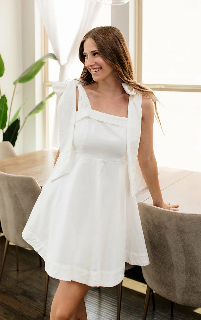 MABLE Ontario Cotton Linen Tie Strap Babydoll Dress- White 4 MABLE Ontario Cotton Linen Tie Strap Babydoll Dress- White