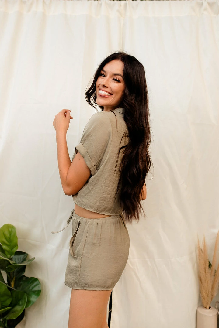 MABLE Ressi Satin High Rise Shorts - Olive MATCHING SETS 6 MABLE Ressi Satin High Rise Shorts - Olive MATCHING SETS