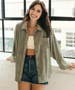 WL Cayla Corduroy Button Down Pocket Top - Olive