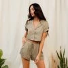 MABLE Ressi Satin Button Down Crop Top - Olive MATCHING SETS