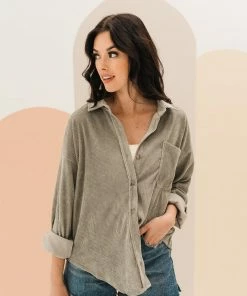 WL Cayla Corduroy Button Down Pocket Top - Olive