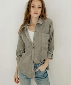 WL Cayla Corduroy Button Down Pocket Top - Olive