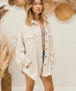 POL Blair Pocketed Button Down Shacket - Oatmeal