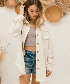 POL Blair Pocketed Button Down Shacket - Oatmeal