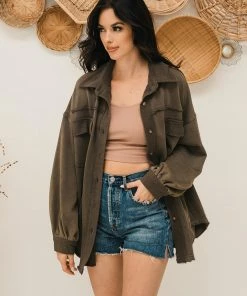 POL Blair Pocketed Button Down Shacket - Charcoal OUTERWEAR