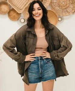 POL Blair Pocketed Button Down Shacket - Charcoal OUTERWEAR