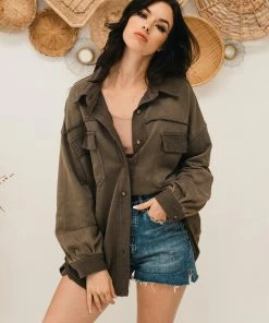 POL Blair Pocketed Button Down Shacket - Charcoal OUTERWEAR