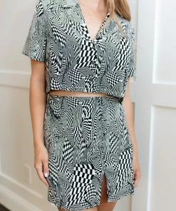 STORIA MATCHING SETS Swirled Checkered Collared Crop Top