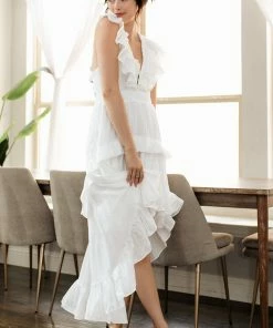 DO + BE COLLECTION Emily Ruffled High Low Maxi Dress - White BRIDAL