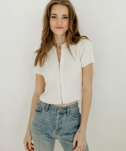 BT Bentley Collared Ribbed Zip Up Top - White