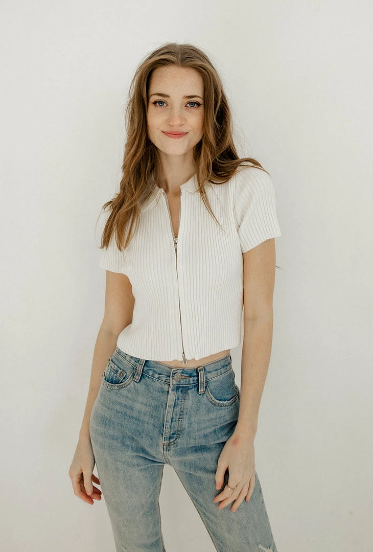 BT Bentley Collared Ribbed Zip Up Top - White 4 BT Bentley Collared Ribbed Zip Up Top - White