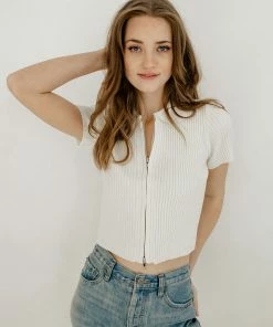 BT Bentley Collared Ribbed Zip Up Top - White