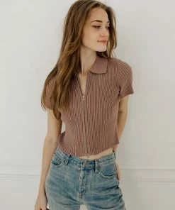 BT TOPS Bentley Collared Ribbed Zip Up Top - Espresso